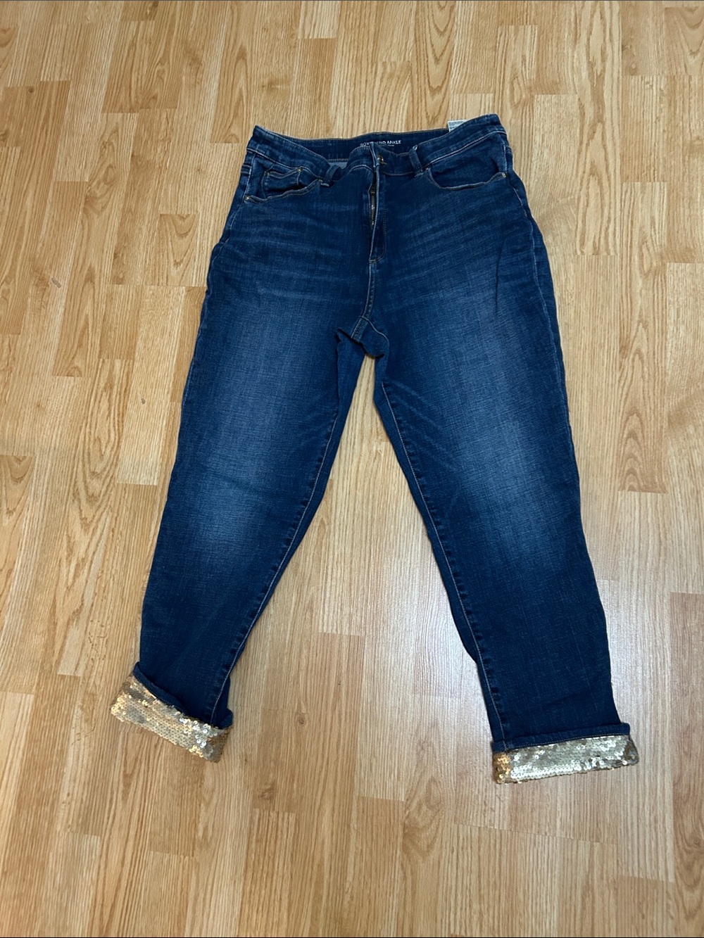 Chico's Dark Blue Boyfriend Jeans with Gold Sequin Cuff